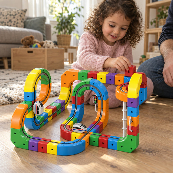 Bausteinbahn mit Würfel-Schienenteilen und Spielzeugzug für Kinderzimmer und Spielecke – 3D-Strecke mit Kurven, Kreuzung und Etagen, 51 oder 81 Teile