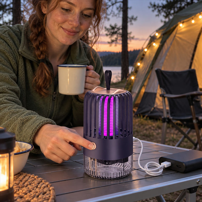 USB-Mückenfalle mit violettem Locklicht und Auffangbehälter für Schlafzimmer, Balkon und Camping – ca. 10 × 19 cm, Trageschlaufe, ohne Spray