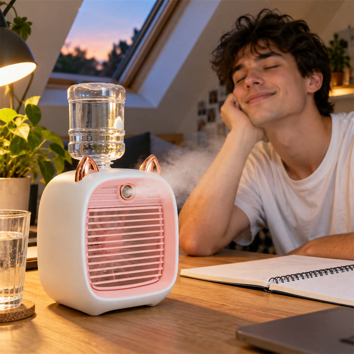 Mobiler USB-Luftkühler mit Sprühnebel und Wassertank für Schreibtisch, Nachttisch und Reisen – 3 Stufen, 2 Sprühmodi, 1200 mAh, 4 Farben
