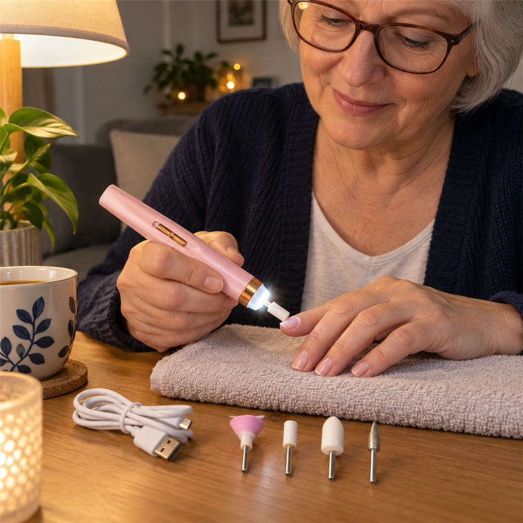 Akku-Maniküre-Set mit 5 Aufsätzen und LED-Licht für Nagelpflege zu Hause und auf Reisen – bis 12.000 U/min, Rechts- und Linkslauf, USB-Ladung