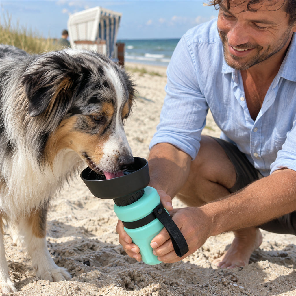 Hundetrinkflasche mit ansteckbarem Faltnapf und Clip für Spaziergänge und Reisen – ca. 520 ml, Wasserabgabe per Drücken, Schraubverschluss, 3 Farben