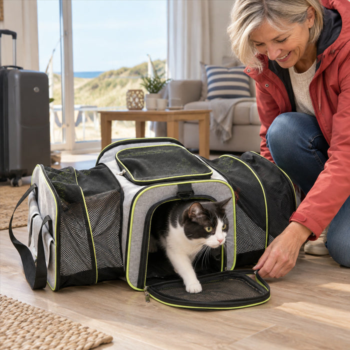 Faltbare Transporttasche für Katzen und kleine Haustiere mit beidseitig ausziehbaren Netzteilen für Reisen – Tragegriffe, Schultergurt, 3 Farben