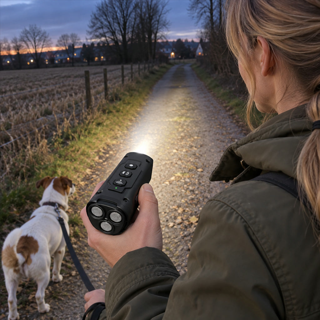 Handliches Ultraschall-Trainingsgerät für Hunde zum Unterbrechen von Bellen und Anspringen – 3 Ultraschallsender, LED-Lampe, Akku, Schwarz oder Orange