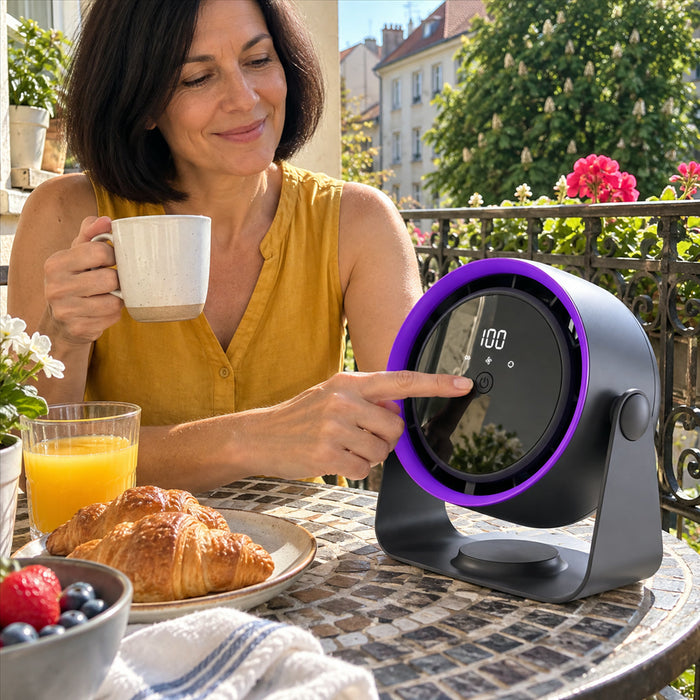 Rotorloser Akku-Ventilator mit Turbinenmotor für Schreibtisch, Nachttisch und unterwegs – 5 Stufen, 3600 mAh, Touch-Bedienung, bis 15 m Luftstrom