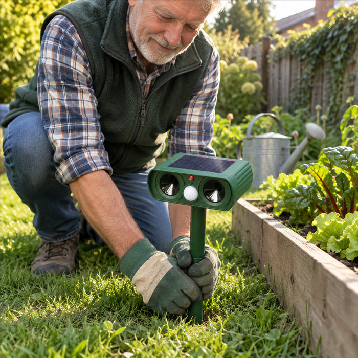 Solar-Tiervertreiber mit Ultraschall und Bewegungsmelder für Garten, Terrasse und Einfahrt – 25–61 kHz, Blitzlicht, 6–8 m Reichweite, IPX4
