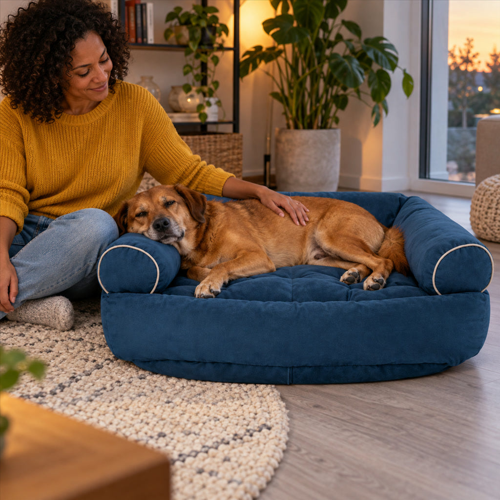 Hundesofa mit Schaumstoffpolster und erhöhtem Rand als Ruhe- und Schlafplatz im Haus – waschbarer Bezug, kratzfester Stoff, in 4 Farben