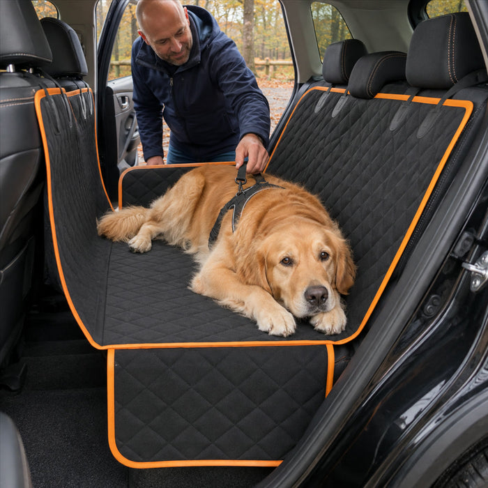 Rückbank-Verlängerung mit fester Bodenplatte für Hunde in Auto, SUV und Van – bis 130 kg belastbar, wasserdicht, Seitenwände, 2 Seitentaschen
