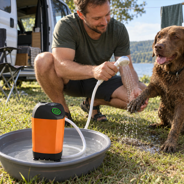 Akku-Campingdusche mit Tauchpumpe und Temperaturanzeige für Camping, Strand und Hundewäsche – 4800 mAh, 90 Min., IPX7, Filter, USB