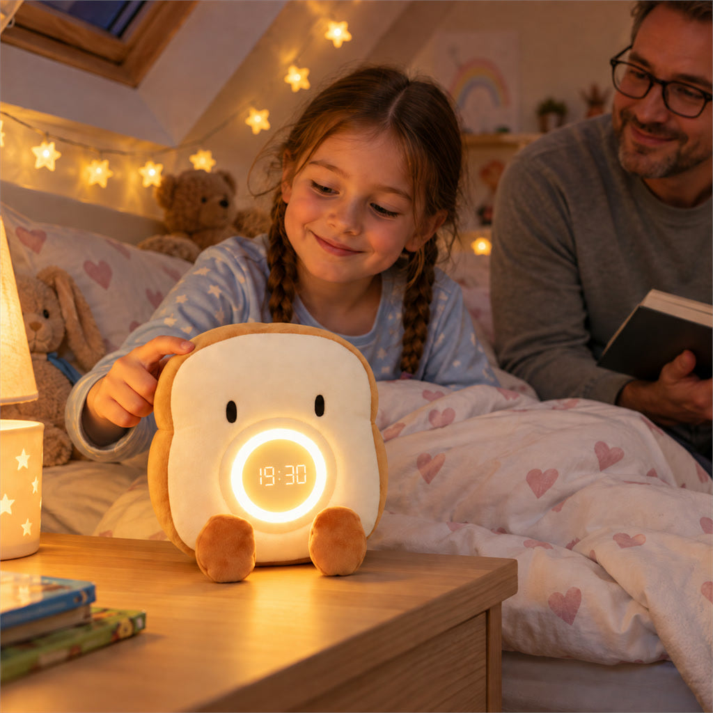 Plüsch-Wecker in Toastform mit Nachtlicht und Handyhalter für Kinderzimmer und Nachttisch – LED-Anzeige, 2 Weckzeiten, Akku, ca. 23 cm