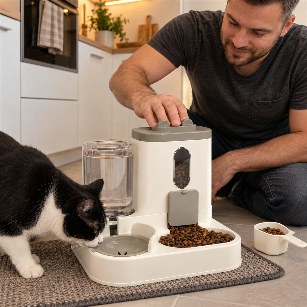 Futter- und Wasserspender 2 in 1 für Katzen und kleine Hunde mit Schwerkraftprinzip – 25 × 23 × 20 cm, ABS BPA-frei, ohne Strom, Siphon, kippsicher