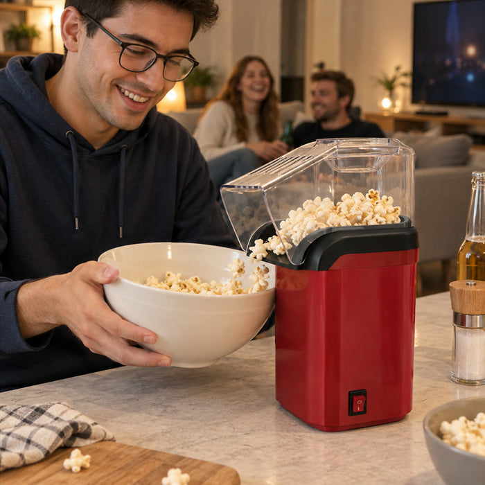 Heißluft-Popcornmaschine aus PP und Aluminium für Filmabende, Partys und Familie – 26,5 × 16,5 × 12 cm, ohne Öl, Ein-Knopf-Bedienung, 110–220 V