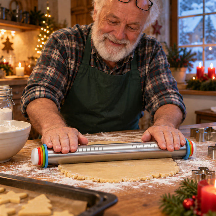 Verstellbares Nudelholz aus Edelstahl mit Abstandsringen für Pizza, Fondant und Plätzchen – ca. 35 cm, 4 Ringe, Maßskala, spülmaschinenfest, Silber