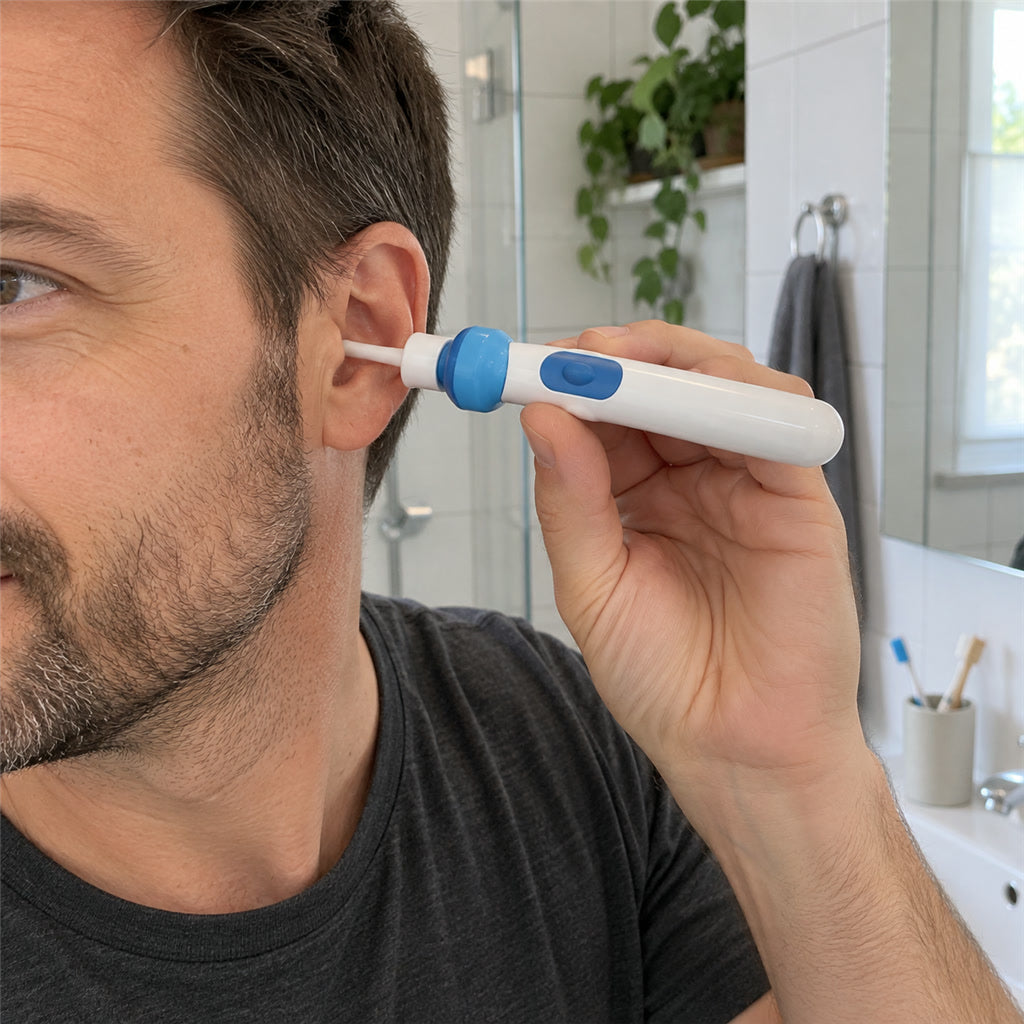 Elektrischer Ohrreiniger mit Saug- und Vibrationsfunktion zur Ohrpflege zu Hause und auf Reisen – 4,3 × 6,9 × 2,5 cm, Silikonaufsätze, AAA-Batterie