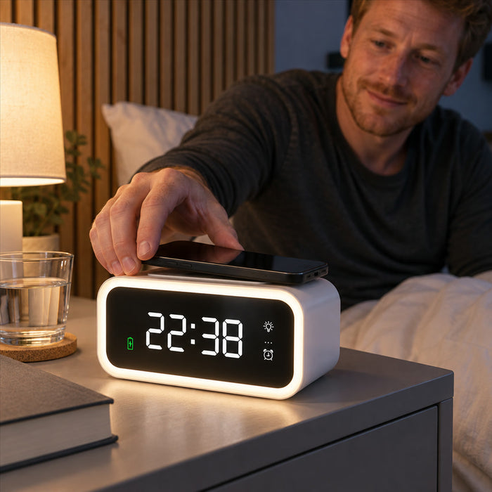 Digitaler Wecker mit kabelloser 15-W-Ladestation und Nachtlicht für Nachttisch und Schreibtisch – 15 × 7 × 8 cm, dimmbare LED-Anzeige, USB, Weiß