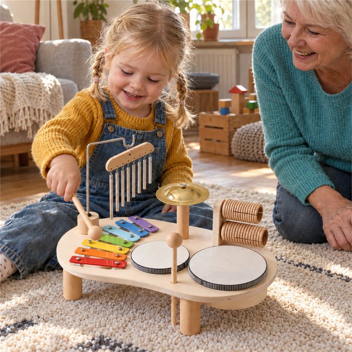 Musiktisch aus Holz mit Xylophon, 2 Trommeln, Becken und Klangspiel für Kinder von 2 bis 6 Jahren – 30 × 25 × 15 cm, 7 Töne, 2 Schlägel, Naturholz