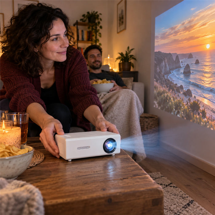 Tragbarer Mini-Beamer mit HD-720p-Auflösung für Heimkino, Präsentationen und Reisen – 1–4 m Projektionsabstand, HDMI, USB, WLAN, Lautsprecher