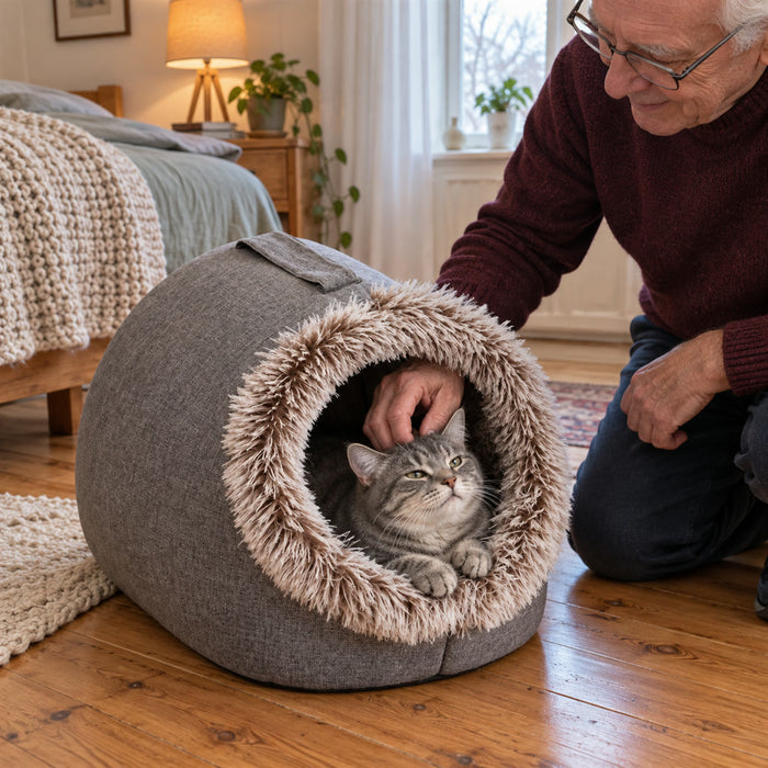 Warme Katzenhöhle mit Plüschrand als Rückzugsort für Wohnzimmer und Schlafzimmer – geschlossenes Katzenbett mit Griff, Braun oder Grau, M oder L