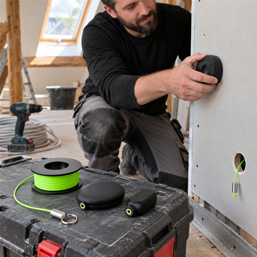 Magnetischer Kabeleinzieher mit 6 m Nylonschnur für Wand, Decke und Leerrohr – Führungs- und Folgemagnet, Ø 6,4 cm, Drehöse, für Strom- und Datenkabel