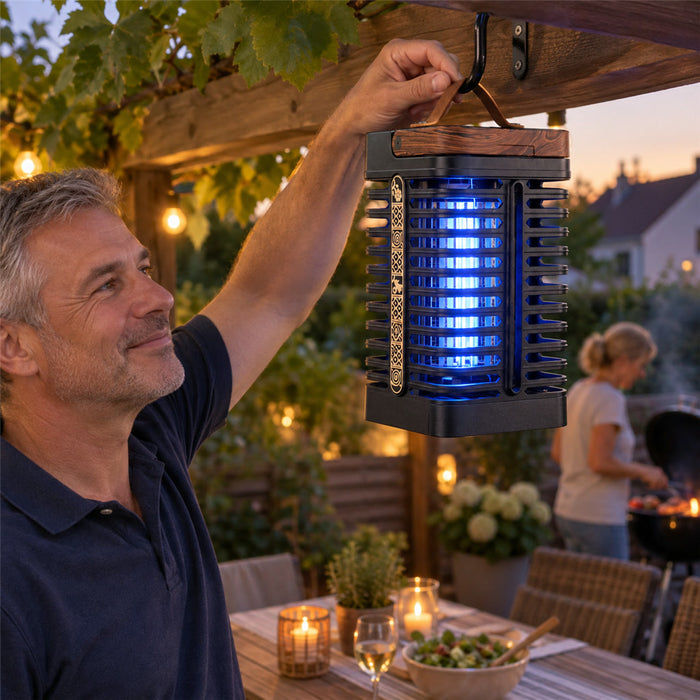 Elektrischer Insektenvernichter mit UV-Licht für Terrasse, Garten und Innenräume – 15 W, 4200 V, IPX4, bis ca. 195 m², 360°, Auffangschale