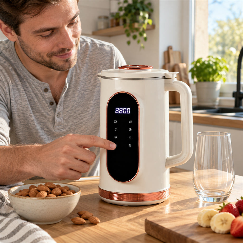 Nussmilchbereiter mit Kochfunktion aus Edelstahl für Mandelmilch, Sojamilch und Suppen – 1,5 l, 12 Programme, 10 Klingen, Timer, Selbstreinigung