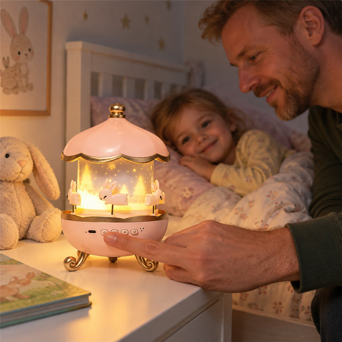 Nachtlicht-Projektor für Kinder mit Bluetooth-Lautsprecher und Schlafliedern für das Kinderzimmer – 6 Motivscheiben, 8 Melodien, 3 Lichtfarben, Akku