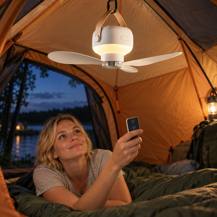 Kabelloser Hänge- und Tischventilator mit LED-Licht für Zelt, Camping und Reisen – 7200 mAh, 20 h, 4 Stufen, klappbare Flügel, Fernbedienung