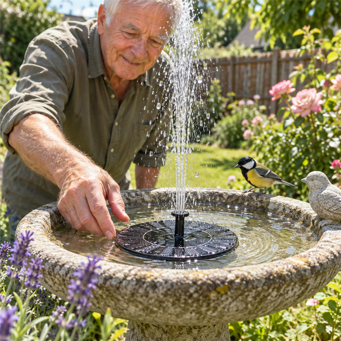 Solar-Springbrunnenpumpe für Vogeltränke, Teich und Zierbecken im Garten – 13,5 × 3,8 cm, 4 Düsen, Fontäne bis ca. 50 cm, ohne Strom und Kabel