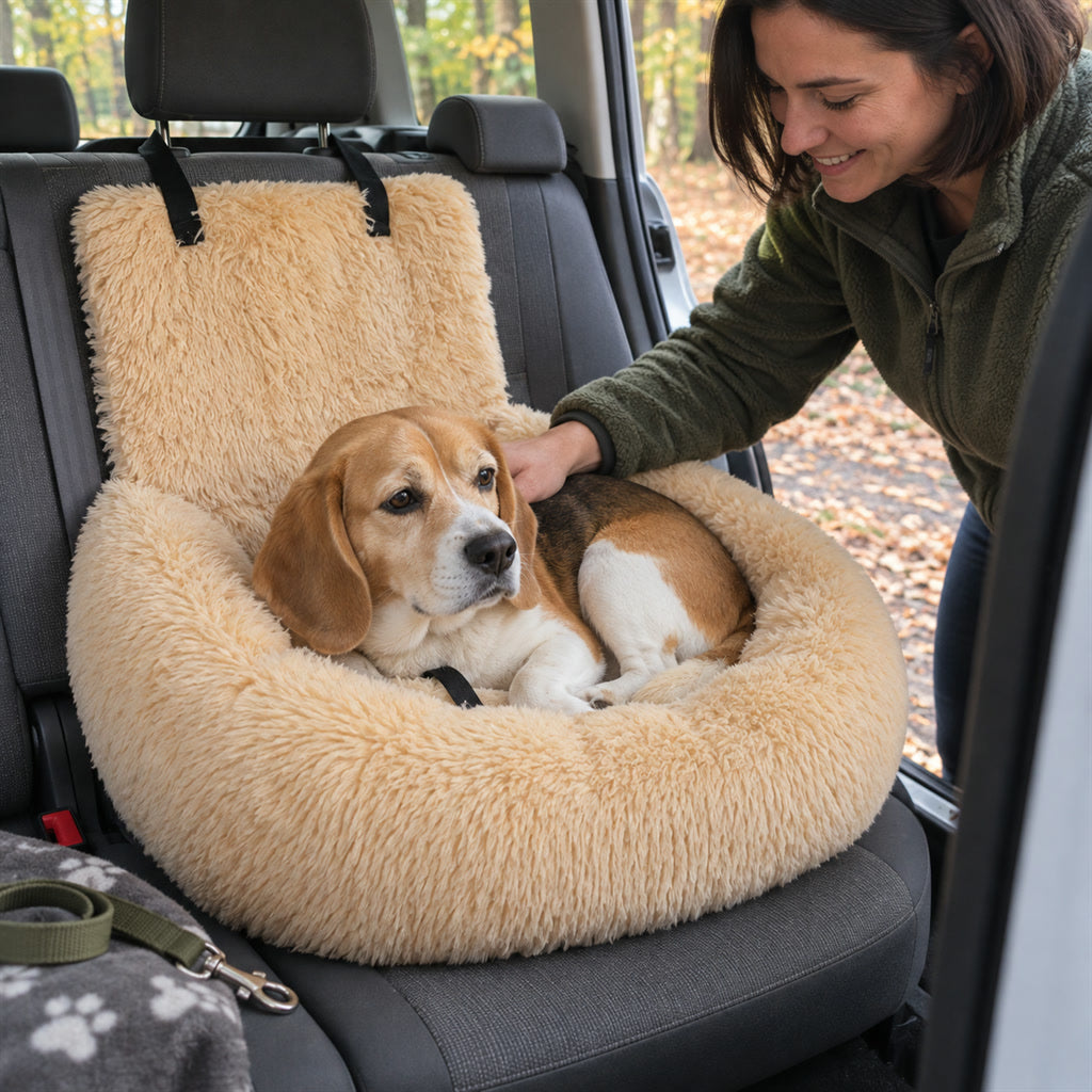 Plüsch-Autositz für Hunde mit Rückenlehne für Beifahrersitz und Rückbank – Hundebett fürs Auto mit Kopfstützengurten, 60 × 60 bis 110 × 60 cm