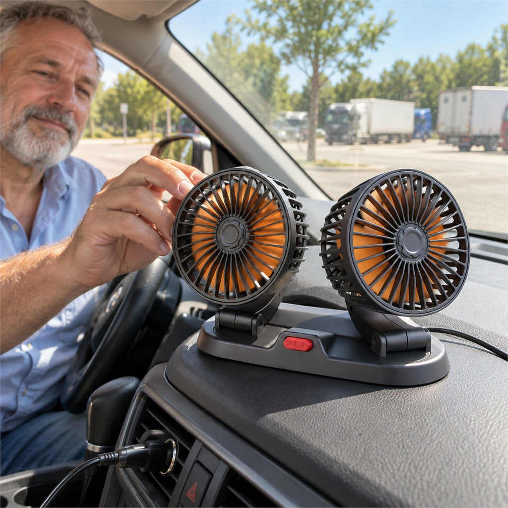 Doppelkopf-Autoventilator für den Zigarettenanzünder für Armaturenbrett und Sitzlehne – 360° drehbar, 2 Stufen, 22 × 15,5 × 6,6 cm, 12 V oder 24 V
