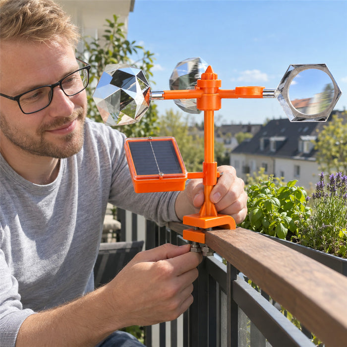 Solar-Vogelabwehr mit 360°-Spiegelrotor und Warnlauten zum Anklemmen für Garten, Dach und Balkon – 40 × 28 cm, 10 Warnlaute, windbetrieben, ABS