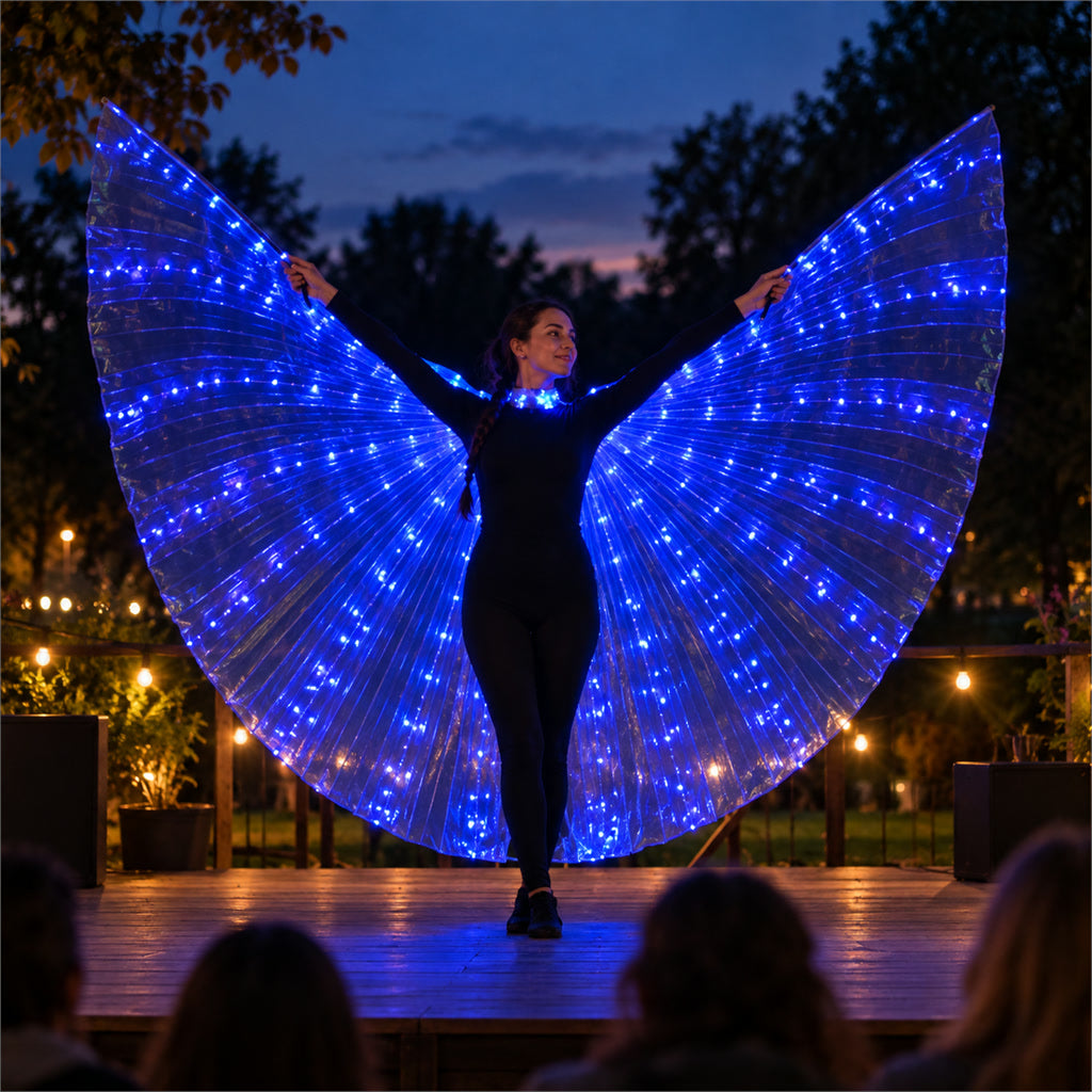 Leuchtende LED-Schmetterlingsflügel mit Teleskopstäben und Halskragen für Auftritte und Events – Erwachsene oder Kinder, 2 Lichtmodi, 7 Farben
