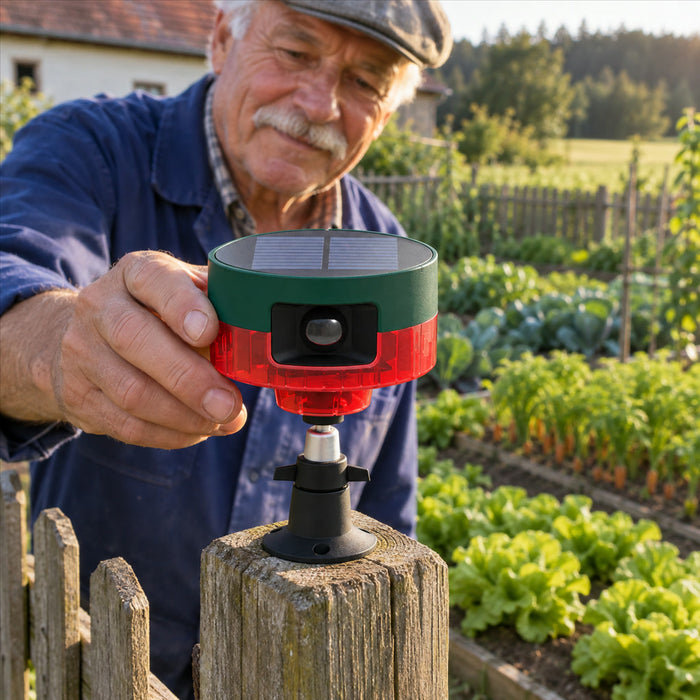 Solar-Tierabwehr mit Bewegungsmelder, Blitzlicht und Alarmtönen für Garten, Feld und Hof – IP55, 13 Töne, 6 Blitz-LEDs, 1200-mAh-Akku, 5–8 m