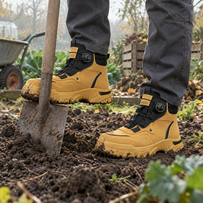 Robuste Herren-Arbeitsstiefel mit Drehverschluss für Baustelle, Werkstatt, Garten und Outdoor – strapazierfähige Stiefel, Gelb, Schwarz oder Khaki