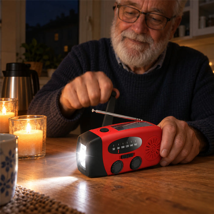 Notfallradio mit Kurbel, Solarmodul und Powerbank für Stromausfall und Outdoor – UKW/MW, LED-Taschenlampe, SOS-Alarm, 1200 mAh, Rot oder Schwarz