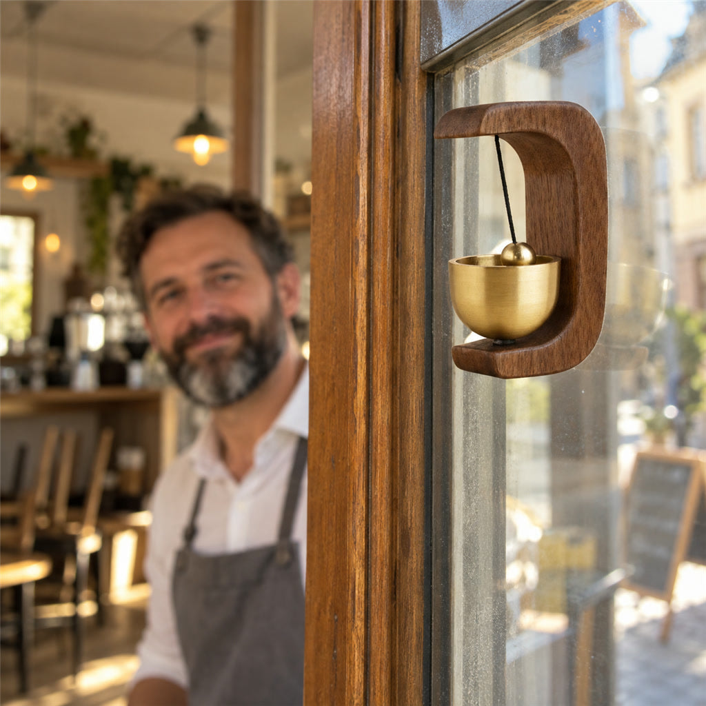 Türglocke aus Holz mit Messingglocke für Ladentür, Haustür und Café – magnetisch oder zum Kleben, ohne Strom, Vintage-Stil, helles oder dunkles Holz