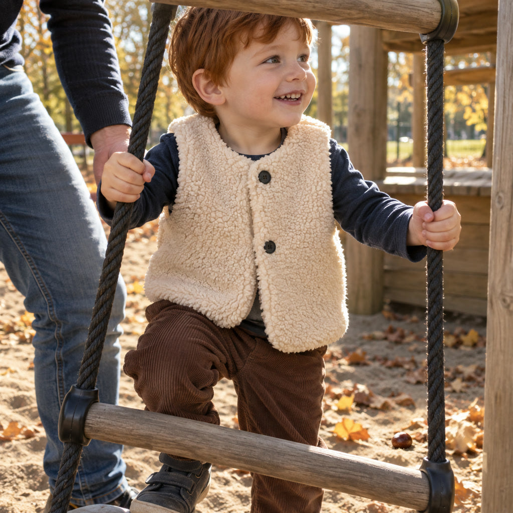 Kinder-Winterweste im Lammwoll-Stil für Kita, Spielplatz und Alltag – ärmellos, 1 bis 6 Jahre, 4 Farben von Beige bis Schwarz