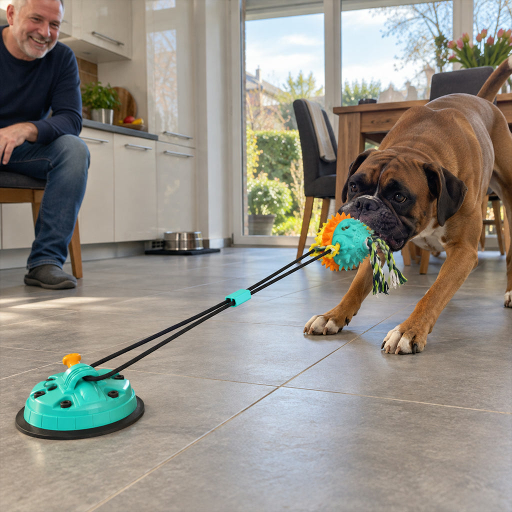 Zerrspielzeug für Hunde mit Saugnapf-Sockel, Noppenball und Seil für drinnen und draußen – Leckerli-Öffnung, elastisches Zugseil, abwaschbar, 3 Farben