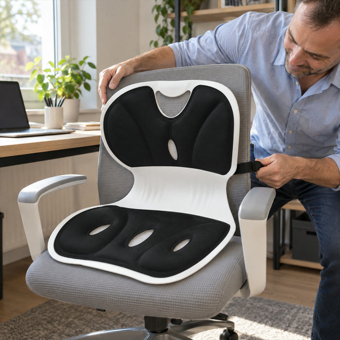 Ergonomische Sitzauflage mit Rückenlehne für Bürostuhl, Autositz und Zuhause – verstellbare Gurte, rutschfest, waschbarer Bezug, 2 Größen, 2 Farben
