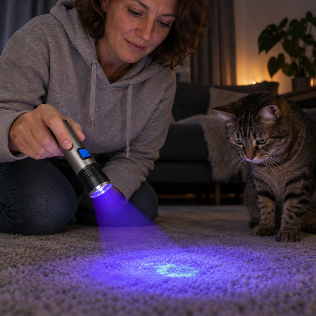 UV-Taschenlampe als Urin-Detektor für Haustierflecken und Reinigung – 395 nm, Zoom, 3 Modi, Aluminiumgehäuse, Akku mit Micro-USB, 3–8 h