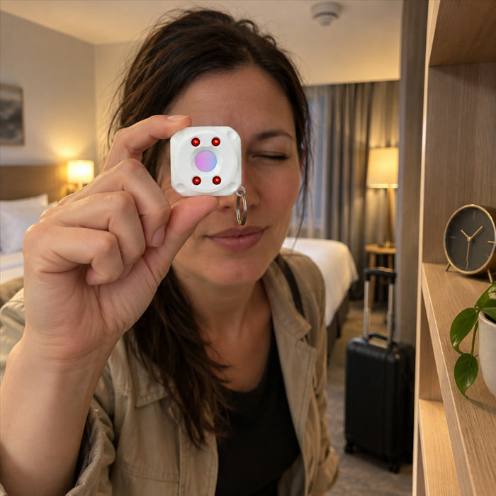 Kamera-Detektor im Taschenformat zum Aufspüren versteckter Kameras in Hotel, Büro und unterwegs – 4 × 4 × 1,4 cm, LED, Akku, USB-C, Weiß oder Schwarz