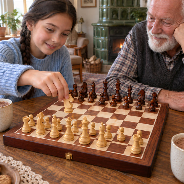 Klappbares Schachspiel aus Holz mit Aufbewahrungsfächern und 34 Figuren inklusive 2 Zusatzdamen für Spielabende – 39 × 39 cm, König 8 cm, Braun