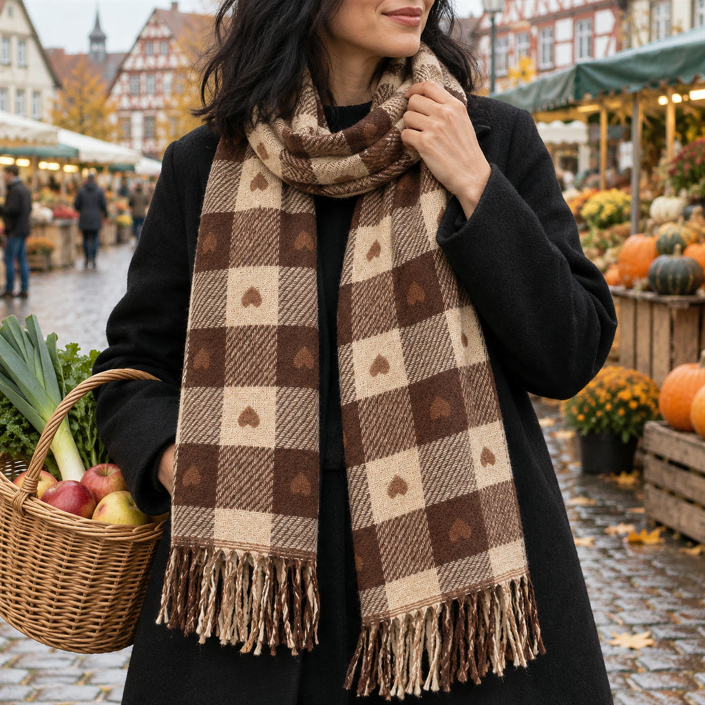 Kuscheliger Karo-Winterschal im klassischen Karomuster für Herbst und Winter – weicher Schal zum Mantel, Schwarz oder Braun