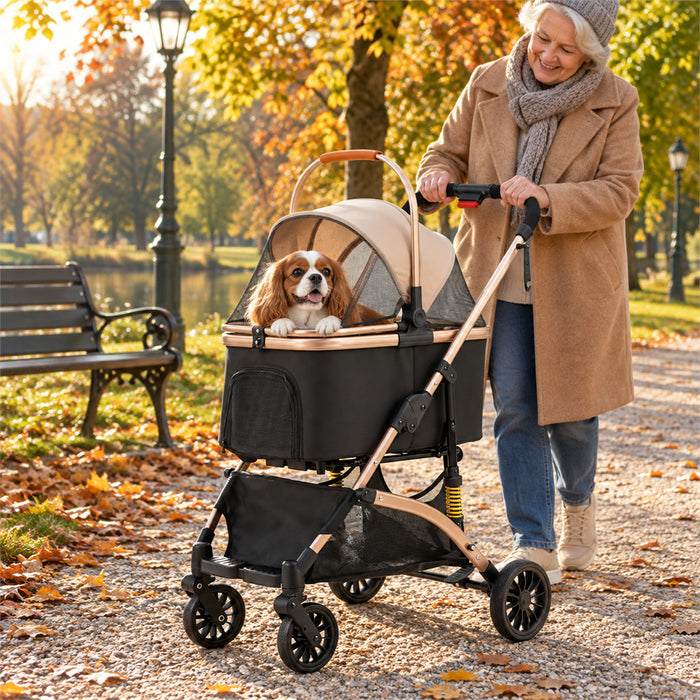 2-in-1-Hundebuggy mit abnehmbarer Transportbox für Spaziergänge und Ausflüge – bis ca. 40 kg, faltbarer Rahmen, Vierrad-Federung, Hinterradbremse