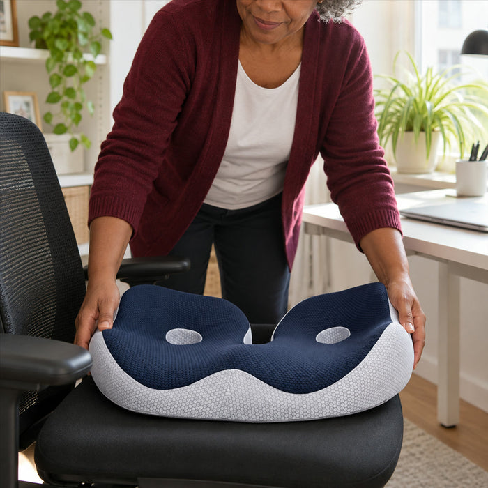 Ergonomisches Sitzkissen aus Memory-Schaum für Bürostuhl, Autositz und Rollstuhl – rutschfeste Unterseite, Haltegurte, Blau, Grau oder Dunkelgrau
