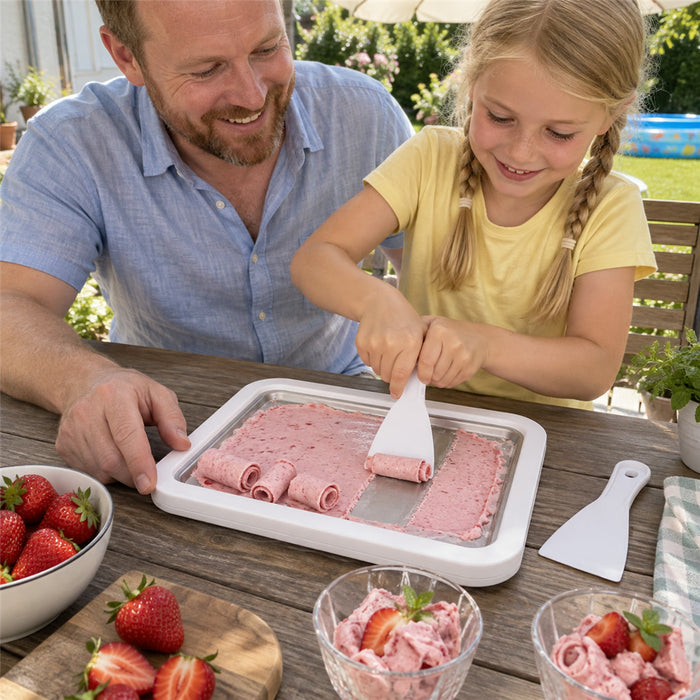 Kälteplatte ohne Strom für gerollte Eiscreme und kalte Desserts – ca. 26 × 21 × 3,5 cm, zum Vorfrieren, mit 2 Spachteln, auch zum Kühlen von Obst