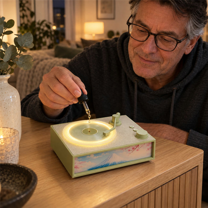 Bluetooth-Lautsprecher mit Duftscheibe und Nachtlicht in Plattenspieler-Optik für Musik, Duft und Licht im Innenraum – Bluetooth 5.3, 5 W, 5 Farben