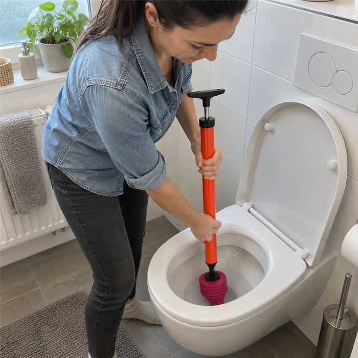 Druckluft-Pümpel für Toilette, Waschbecken und Bodenablauf – bis 120 psi (ca. 8 bar), ca. 67 cm lang, Wechselaufsätze, Auslösung per Knopfdruck