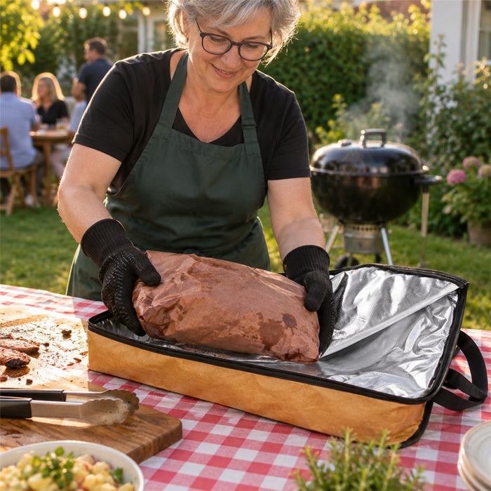 Isolierte Grill-Warmhaltetasche mit Griffen zum Ruhen von Brisket und Pute nach dem Grillen – 3 Größen bis ca. 38 × 18 × 56 cm, Alufolie, faltbar