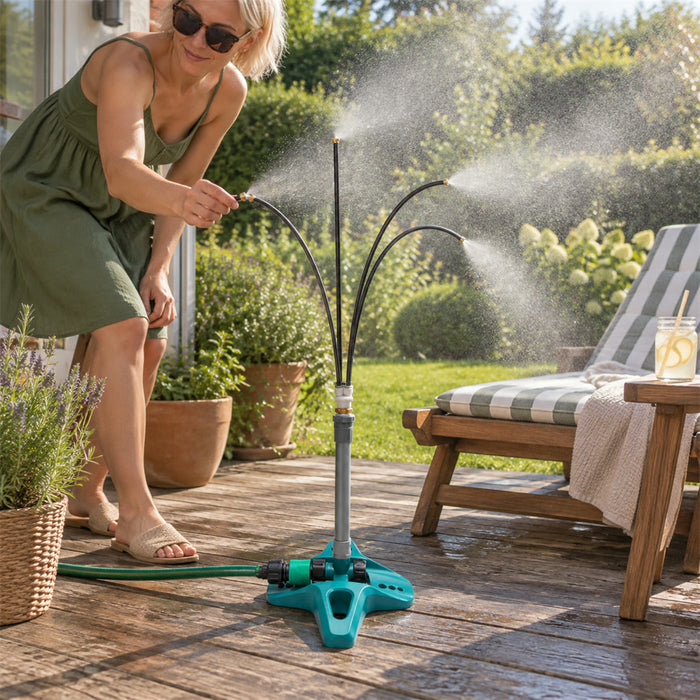 Freistehendes Sprühnebel-System zur Abkühlung von Terrasse, Garten und Gewächshaus – mehrere Düsen, höhenverstellbar, Gartenschlauchanschluss