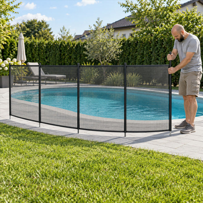 Abnehmbarer Poolzaun aus Aluminium und PVC-Netz für Einbaupools – ca. 1,2 m hoch, 3,7 bis 32,9 m lang, modular, Edelstahl-Füße, Schwarz